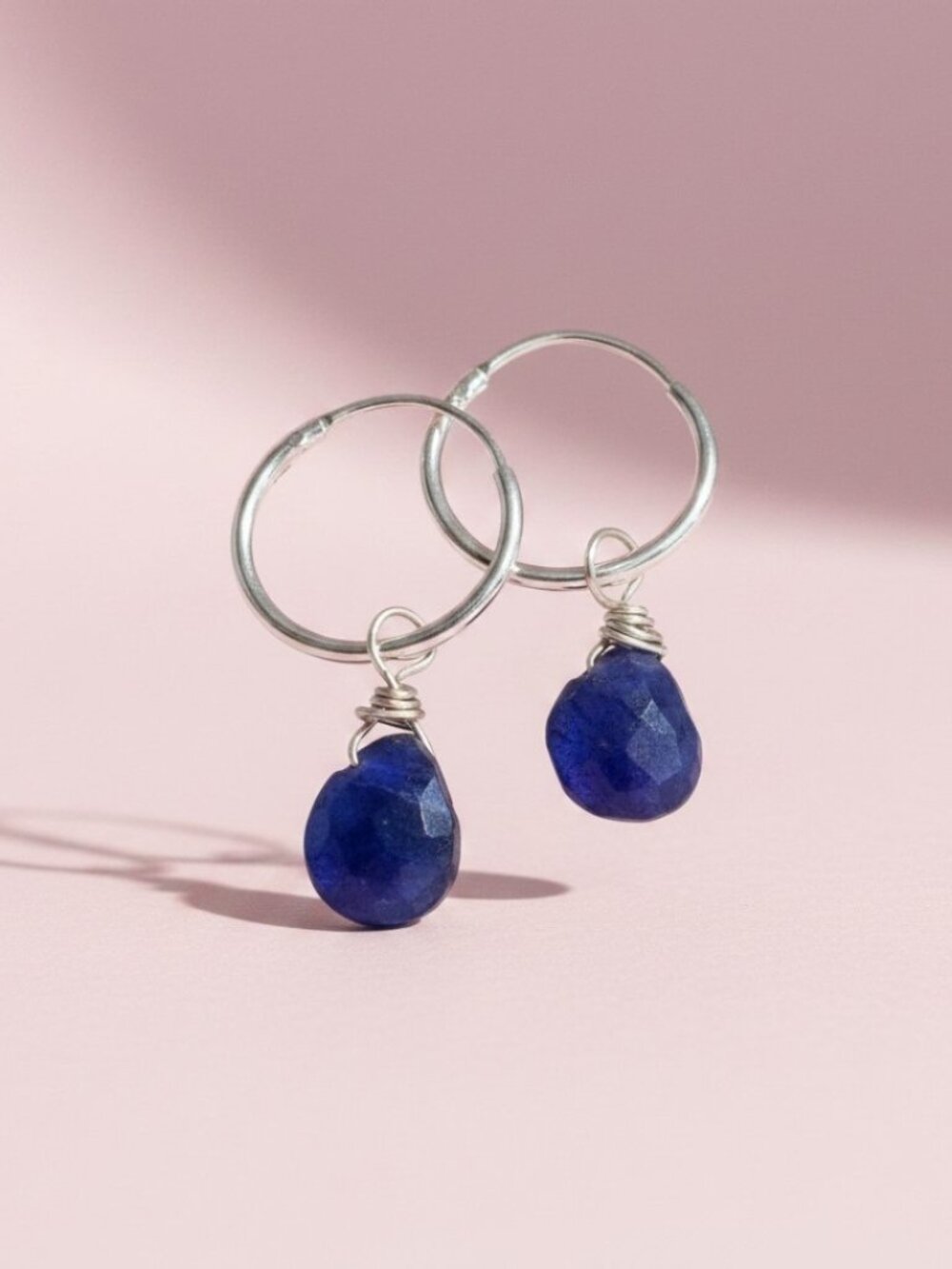 Minimal Raw Sapphire Teardrops  Wire Wrapped in Silver, Hoop Earrings